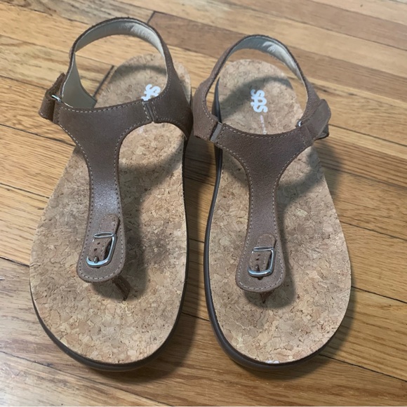 SAS Marina T-Strap Sandal Brown Leather Cork Footbed Comfortable Cushioned Wide - Picture 1 of 12